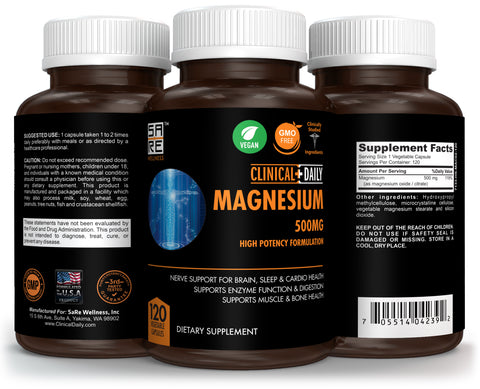 CLINICAL DAILY Pure Magnesium Citrate Capsules High Potency 500mg with Natural Magnesium Oxide