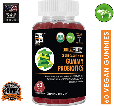 Image of CLINICAL DAILY Vegan Probiotic Gummies - Chewable Colon Health Supplement Designed to Give Adults and Children Digestive, Immune and Energy Support - USDA Organic, Non-GMO - 60 Count from CLINICAL DAILY by SaRe Wellness