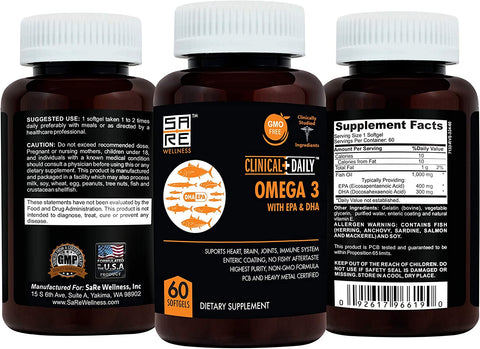 Image of CLINICAL DAILY Pure Natural Fish Oil Omega 3 DHA EPA 1000 mg capsules from CLINICAL DAILY by SaRe Wellness